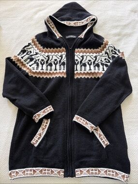 Unisex 100% Alpaca Wool Black Zip-Up Hooded Sweater, Brown & White Motif